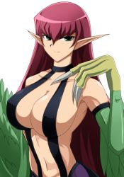 Rule 34 | 1girl, breasts, cleavage, covered erect nipples, duel monster, feathered wings, feathers, green feathers, hair between eyes, harpie lady, harpie lady #1, harpie lady 1, harpy, kairi (fotune), large breasts, long hair, monster girl, navel, pointy ears, red hair, shadow, simple background, smile, solo, talons, upper body, white background, winged arms, wings, yu-gi-oh!, yu-gi-oh! duel monsters