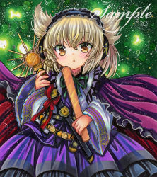 Rule 34 | 1girl, :o, adapted costume, black hairband, blonde hair, blush, bow, cape, cowboy shot, dress, earmuffs, frilled cape, frilled dress, frilled hairband, frills, green background, green ribbon, hair between eyes, hairband, holding, light particles, long sleeves, looking at viewer, marker (medium), medium hair, neck ribbon, pointy hair, purple cape, purple dress, red cape, red ribbon, ribbon, ritual baton, rui (sugar3), sample watermark, scabbard, sheath, sheathed, solo, sword, touhou, toyosatomimi no miko, traditional media, two-sided cape, two-sided fabric, watermark, weapon, white sleeves, wide sleeves, yellow eyes