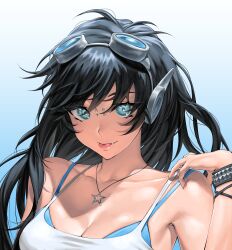 Rule 34 | 1girl, absurdres, black hair, blue background, blue eyes, bracelet, breasts, cleavage, collarbone, commentary, commission, english commentary, fang, floating hair, goggles, goggles on head, hand on own shoulder, headphones, highres, jewelry, large breasts, long hair, medium breasts, necklace, nose piercing, original, piercing, portrait, ryofu x, solo, star (symbol), star necklace, tongue, tongue out
