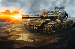 Rule 34 | apocalypse tank, artist request, caterpillar tracks, cloud, command and conquer, day, hammer and sickle, highres, military, military vehicle, motor vehicle, no humans, red alert 3, ruins, sky, smoke, tank, vehicle focus