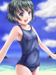 Rule 34 | 1girl, bad id, bad pixiv id, beach, flat chest, green hair, one-piece swimsuit, original, phazer, red eyes, school swimsuit, short hair, solo, swimsuit