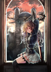 Rule 34 | 10s, 1girl, alternate costume, animal, arch, arms up, bad id, bad pixiv id, bird, black thighhighs, boots, bow, breasts, brown hair, building, castle, closed mouth, cloud, dome, glowing, granblue fantasy, hair between eyes, hair bow, highres, jacket, long hair, miniskirt, pleated skirt, ponytail, red eyes, saraki, sash, silver hair, skirt, sky, smile, solo, string, sword, thighhighs, tower, vira (granblue fantasy), weapon, window