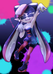 Rule 34 | 1girl, :d, absurdres, bare shoulders, black hair, callie (splatoon), closed eyes, detached collar, earrings, fangs, food, food on head, full body, gloves, gradient background, highres, inkling, jewelry, leg up, long hair, nintendo, object on head, open mouth, pantyhose, pointy ears, puchiman, red pantyhose, short jumpsuit, smile, solo, splatoon (series), splatoon 1, sushi, tentacle hair, unitard, white gloves