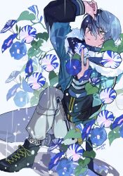 Rule 34 | 1boy, aoyagi touya, black footwear, blue flower, blue jacket, boots, commentary, flower, grey pants, highres, jacket, leaf, long sleeves, male focus, multicolored hair, pants, parted lips, project sekai, puffy long sleeves, puffy sleeves, rain, same dreams same colors (project sekai), sikakuikamome, simple background, solo, split-color hair, striped clothes, striped jacket, symbol-only commentary, wet, wet hair, white background