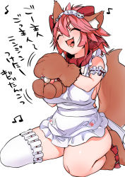 Rule 34 | 1girl, animal ears, animal hands, apron, breasts, cat ears, cat tail, closed eyes, fate/grand order, fate (series), long hair, maid cap, medium breasts, open mouth, pink hair, shirisensha, simple background, smile, solo, tail, tamamo (fate), tamamo cat (fate), tamamo cat (third ascension) (fate), tamamo no mae (fate/extra), thighhighs, thighs, translation request, white background, white thighhighs