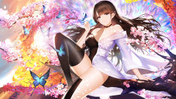 Rule 34 | 1girl, absurdres, an yasuri, arm support, asymmetrical clothes, bad id, bad pixiv id, bare shoulders, black choker, black dress, black legwear, blush, breasts, brown hair, bug, butterfly, cherry blossoms, choker, cleavage, clothing cutout, dress, floating hair, hand up, highres, insect, japanese clothes, kimono, knee up, large breasts, long hair, looking at viewer, off shoulder, original, purple eyes, purple kimono, shoulder cutout, sitting, smile, solo, thighs, wide sleeves, wind
