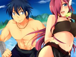Rule 34 | 10s, 1boy, 1girl, abs, aoi sekai no chuushin de, blue eyes, blue hair, breasts, cloud, fingerless gloves, gear (aoi sekai no chuushin de), gloves, hair ornament, hair over one eye, jewelry, large breasts, long hair, looking at viewer, midriff, navel, necklace, opal (aoi sekai no chuushin de), open mouth, purple hair, short hair, sky, smile, water
