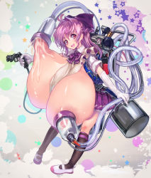 Rule 34 | + +, 1girl, apron, bad id, bad pixiv id, blush, breasts, chikokuma, female focus, gigantic breasts, gloves, highres, lactation, long hair, looking at viewer, milking machine, nipples, open mouth, purple eyes, purple hair, smile, solo