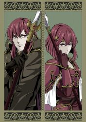 Rule 34 | 1boy, 1girl, armor, black gloves, breastplate, brother and sister, closed mouth, elbow gloves, fire emblem, fire emblem: shadow dragon and the blade of light, gloves, hair between eyes, headband, highres, holding, holding polearm, holding weapon, michalis (fire emblem), minerva (fire emblem), nintendo, polearm, red eyes, red gloves, red hair, shoulder armor, siblings, upper body, weapon, yori ilrosso