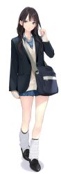 Rule 34 | 1girl, ama mitsuki, arm at side, bag, black bag, black eyes, black footwear, black jacket, blue necktie, blue skirt, brown hair, buttons, cardigan, collared shirt, commentary request, full body, hair behind ear, hand up, highres, holding, holding own hair, jacket, jewelry, legs, loafers, long hair, looking to the side, loose necktie, loose socks, miniskirt, necklace, necktie, open clothes, open jacket, original, parted lips, pendant, plaid, plaid necktie, plaid skirt, pleated skirt, school bag, school uniform, shirt, shoes, shoulder bag, sidelocks, skirt, sleeves past wrists, socks, solo, standing, sweater, tachi-e, thighs, twirling hair, white shirt, white socks, yellow cardigan