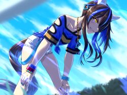 Rule 34 | 1girl, animal ears, bead bracelet, beads, blue hair, blue nails, blue shirt, bracelet, brown hair, clenched teeth, clothing cutout, cloud, colored inner hair, cutoffs, daitaku helios (umamusume), ear covers, eye trail, feet out of frame, hair over one eye, hands on own knees, horse ears, horse girl, horse tail, jewelry, leaning forward, light trail, long hair, multicolored hair, nail polish, necklace, off-shoulder shirt, off shoulder, outdoors, peeta, shirt, short shorts, short sleeves, shorts, smile, solo, standing, tail, teeth, two-tone hair, umamusume, white shorts, wind, wristband, yellow eyes