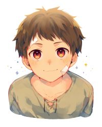 Rule 34 | 1boy, bandaid, bandaid on face, brown eyes, brown hair, child, green shirt, highres, looking at viewer, male focus, original, portrait, profile, shirt, short hair, simple background, smile, sparkle, sparkle background, straight-on, tanahagi, white background