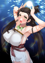 Rule 34 | 1girl, armpits, arms up, bare shoulders, body markings, breasts, brown eyes, brown hair, cleavage, dress, facial mark, fate/grand order, fate (series), forehead, forehead mark, highres, himiko (fate), himiko (first ascension) (fate), jewelry, large breasts, long hair, looking at viewer, magatama, magatama necklace, necklace, open mouth, sash, side slit, sideboob, solo, thighs, topknot, tsurugi ai (seikan hitchhiker), twintails, white dress