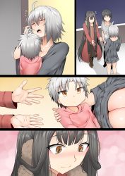 Rule 34 | 2boys, 2girls, absurdly long hair, ahoge, barefoot, black hair, blush, breasts, comic, commentary request, dress, earmuffs, faceless, fate/grand order, fate (series), father and son, fujimaru ritsuka (male), fur trim, ginhaha, holding, jeanne d&#039;arc (fate), jeanne d&#039;arc alter (avenger) (fate), jeanne d&#039;arc alter (fate), large breasts, long dress, long hair, mother and son, multiple boys, multiple girls, semiramis (fate), short hair, silver hair, very long hair, yellow eyes