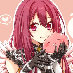 1girl 20nigu black_gloves black_shirt blush closed_mouth commentary_request creature cross feathered_wings frilled_shirt_collar frills gloves hair_between_eyes heart holding holding_creature inquisitor_(ragnarok_online) long_hair looking_at_viewer paid_reward_available pink_wings poring portrait ragnarok_online red_eyes red_hair shirt sleeveless sleeveless_shirt slime_(creature) smile solo spoken_heart wings