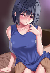 Rule 34 | 1boy, 1girl, bare arms, bare shoulders, black hair, blush, breasts, closed mouth, collarbone, commentary request, hand up, huyumitsu, large breasts, looking at viewer, original, purple eyes, short hair, sitting, sleeveless, solo focus