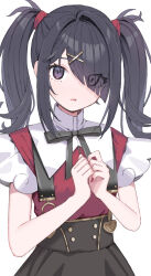 Rule 34 | 1girl, absurdres, ame-chan (needy girl overdose), black hair, black ribbon, black skirt, collar, collared shirt, hair ornament, hair over one eye, hair tie, hairclip, highres, looking at viewer, morumoru x, neck ribbon, needy girl overdose, purple eyes, red nails, red shirt, ribbon, shirt, shirt tucked in, simple background, skirt, solo, standing, suspender skirt, suspenders, twintails, white background, white collar, x hair ornament