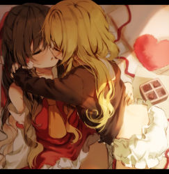 Rule 34 | 2girls, :o, ascot, bare shoulders, black hair, black shirt, blonde hair, bloomers, blush, candy, chocolate, chocolate heart, closed eyes, commentary request, detached sleeves, food, hair between eyes, hair tubes, hakurei reimu, heart, hug, imminent kiss, kirisame marisa, letterboxed, long hair, long sleeves, midriff, multiple girls, no headwear, outside border, parted lips, piyokichi, revision, shirt, touhou, underwear, white bloomers, yellow ascot, yuri