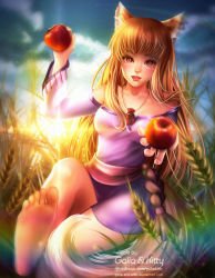 Rule 34 | 1girl, animal ears, apples, barefoot, blush, dress, feet, food, fruit, galiakiity, holding, holding food, holding fruit, holo, kg fantasy, leg up, long hair, long sleeves, looking at viewer, open mouth, purple dress, purple skirt, red eyes, red hair, sitting, skirt, smile, soles, spice and wolf, sunset, tail, toes, very long hair, wolf ears, wolf girl, wolf tail