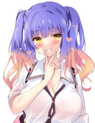 Rule 34 | 1girl, absurdres, blue hair, blue nails, blush, breasts, cleavage, commentary, eyelashes, eyes visible through hair, fingernails, flower, gradient hair, grin, hair between eyes, hair flower, hair ornament, hand up, head tilt, heart, highres, kohibari kurumi, large breasts, looking at viewer, multicolored hair, nail polish, pink flower, pink hair, purunyara, school uniform, shirt, sidelocks, simple background, skirt, sleeves rolled up, smile, solo, straight-on, suspender skirt, suspenders, tenshi souzou re-boot!, twintails, upper body, v, v over mouth, wavy hair, white background, white flower, white shirt, yellow eyes, yellow nails