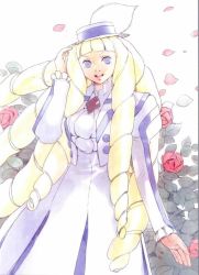 Rule 34 | 1girl, blonde hair, blue eyes, boater hat, buttons, dress, drill hair, female focus, flower, frills, gundam, hand up, hat feather, holding, jewelry, kihel heim, leaf, long hair, long sleeves, looking at viewer, nature, open mouth, pendant, petals, red flower, red rose, rose, smile, solo, standing, teeth, tongue, turn a gundam, very long hair, vest, white dress, wind