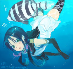 Rule 34 | 10s, 1girl, black thighhighs, blue eyes, dated, dress, elbow gloves, fish, gloves, gradient background, green eyes, kantai collection, low twintails, natsuhiko, sailor dress, solo, suzukaze (kancolle), swimming, thighhighs, twintails, twitter username, underwater