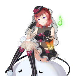 Rule 34 | 1girl, absurdres, artist request, bare shoulders, black dress, black gloves, black hat, blush, bow, dress, elbow gloves, female focus, fishnet thighhighs, fishnets, flower, gloves, gothic lolita, hat, highres, holding, holding lantern, lantern, lolita fashion, love live!, love live! school idol festival, love live! school idol project, navel, nishikino maki, playing with hair, purple eyes, red hair, rose, short hair, sitting, smile, solo, stairs, thighhighs, veil, white background, zettai ryouiki