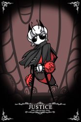 Rule 34 | 1girl, antennae, arm at side, artist name, black cloak, black horns, bug, character name, cloak, commentary, gloves, hand on own hip, helltaker, hollow knight, horns, bug, arthropod girl, justice (helltaker), looking at viewer, parody, red gloves, short hair, solo, standing, style parody, sunglasses, taphris, white hair