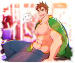 Rule 34 | 1boy, :3, :d, abs, alex (stardew valley), alternate facial hair, alternate pectoral size, bara, bulge, crow (siranui), denim, edging underwear, facial hair, feet out of frame, from side, goatee, green eyes, green male underwear, highres, jacket, jacket on shoulders, jeans, large pectorals, looking at viewer, male focus, male underwear, male underwear peek, muscular, muscular male, navel, nipples, open mouth, open pants, pants, pectorals, short hair, smile, solo, stardew valley, stomach, thighs, topless male, underwear
