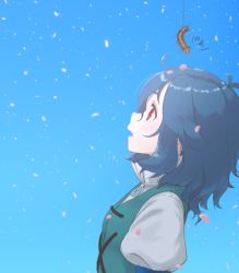 Rule 34 | 1girl, antenna hair, blue hair, blue vest, caterpillar, commentary request, falling, from side, kitano (kitanosnowwhite), looking up, medium hair, open mouth, petals, profile, puffy sleeves, red eyes, tatara kogasa, touhou, upper body, vest, wavy hair