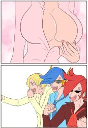 Rule 34 | 1girl, 3boys, breasts, cleavage, huge breasts, large breasts, multiple boys, one piece, sanji (one piece), smile, third-party edit, vinsmoke family, vinsmoke ichiji, vinsmoke niji, vinsmoke reiju