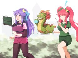 Rule 34 | 2girls, :t, adapted costume, alternate hairstyle, bike shorts, bike shorts under shorts, book, commentary, crescent, crescent hair ornament, dragon, eating, closed eyes, food, food on face, fork, green shirt, green shorts, hair ornament, highres, hong meiling, jogging, long hair, multiple girls, open mouth, patchouli knowledge, pink shorts, plate, ponytail, purple eyes, purple hair, red hair, running, shirosato, shirt, short shorts, shorts, sleeping, star (symbol), star hair ornament, sweat, touhou, twintails, very long hair, zzz