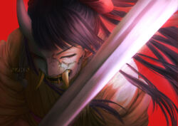 Rule 34 | 1boy, artist name, black hair, blunt bangs, commentary, english commentary, hair ornament, hair ribbon, highres, katana, kikunojo (one piece), long hair, male focus, mask, nzkn, one eye covered, one piece, red background, red ribbon, ribbon, simple background, solo, sword, weapon