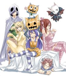 Rule 34 | 2boys, 3girls, animal ears, arm support, armpits, arms up, ass, bed sheet, black gloves, blonde hair, blue hair, bodysuit, breasts, cat ears, cat tail, charle (fairy tail), cleavage, closed eyes, detached sleeves, dress, elbow gloves, erza scarlet, fairy tail, flying, gloves, gray fullbuster, green shirt, hair ribbon, halloween, halloween costume, happy (fairy tail), huge ass, jack-o&#039;-lantern, large breasts, long hair, looking at viewer, lucy heartfilia, mashima hiro, multiple boys, multiple girls, natsu dragneel, no shoes, official art, open mouth, pantyhose, pink hair, pink legwear, pink ribbon, ponytail, pumpkin, red hair, ribbon, scarf, shirt, simple background, sitting, sleeveless, sleeveless dress, small breasts, spiked hair, strapless, striped clothes, striped pantyhose, striped thighhighs, tail, thighhighs, twintails, wendy marvell, white background, wide hips, wrist cuffs, yellow bodysuit, yellow dress, zettai ryouiki