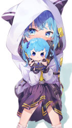 Rule 34 | 1girl, aged down, animal ears, black skirt, blue eyes, blue hair, blush, character doll, covering own mouth, doll, earrings, fake animal ears, gaaa u, highres, holding, holding doll, hololive, hood, hooded jacket, hoshimachi suisei, hoshimachi suisei (school uniform), jacket, jewelry, knees together feet apart, knees up, long hair, long sleeves, medium skirt, simple background, sitting, skirt, solo, virtual youtuber, white background, white jacket