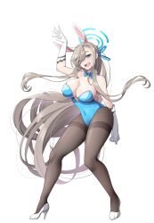Rule 34 | 1girl, animal ears, asuna (blue archive), asuna (bunny) (blue archive), bare shoulders, blue archive, blue eyes, blue leotard, blue ribbon, blush, breasts, brown pantyhose, cleavage, detached collar, elbow gloves, fake animal ears, full body, gloves, hair over one eye, hair ribbon, halo, high heels, highleg, highleg leotard, highres, koflif, large breasts, leotard, light brown hair, long hair, looking at viewer, open mouth, pantyhose, playboy bunny, rabbit ears, ribbon, smile, solo, very long hair, white gloves