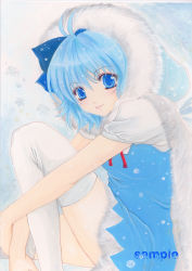 Rule 34 | 1girl, absurdres, acrylic paint (medium), adapted costume, ahoge, blue eyes, blue hair, bow, cirno, colored pencil (medium), dress, female focus, fur trim, gradient background, hair bow, highres, hugging own legs, lips, looking at viewer, marituin, matching hair/eyes, painting (medium), parka, short hair, sitting, smile, solo, thighhighs, touhou, traditional media, white thighhighs, zettai ryouiki