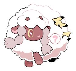 Rule 34 | ?, artsy-rc, creatures (company), game freak, gen 1 pokemon, gen 2 pokemon, gen 8 pokemon, highres, nintendo, no humans, pichu, pikachu, pokemon, pokemon (creature), signature, simple background, spoken question mark, symbol-only commentary, white background, wooloo