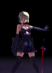Rule 34 | 1girl, absurdres, argyle, argyle clothes, argyle cutout, artoria pendragon (all), artoria pendragon (fate), black background, black bow, black dress, black gloves, black ribbon, black skirt, black thighhighs, bow, breasts, cleavage, clothing cutout, cutout above navel, dress, elbow gloves, excalibur morgan (fate), fate/hollow ataraxia, fate (series), frilled skirt, frills, gloves, gothic lolita, hair ribbon, highres, lolita fashion, looking at viewer, medium breasts, miniskirt, outstretched arm, ribbon, saber alter, short hair, sideboob, silver hair, simple background, skirt, sleeveless, solo, standing, thighhighs, xiaoye eago, yellow eyes, zettai ryouiki