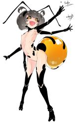 Rule 34 | 1girl, :d, ant girl, antennae, arthropod girl, black sclera, blush, colored sclera, commission, completely nude, copyright request, extra arms, fewer digits, flat chest, grey hair, highres, looking at viewer, medium hair, nipples, nude, open mouth, signature, simple background, skeb commission, smile, solo, solopipb, two side up, white background, yellow eyes