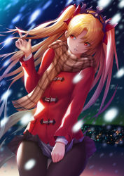Rule 34 | 1girl, absurdres, black pantyhose, blonde hair, dutch angle, ereshkigal (fate), fate/grand order, fate (series), fujifuji924, gluteal fold, hand in own hair, highres, hip focus, long hair, miniskirt, pantyhose, plaid, plaid scarf, playing with hair, red eyes, scarf, skirt, snowing, solo, thigh gap, thighs, twintails, two side up