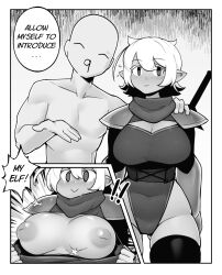 Rule 34 | 1boy, 1girl, absurdres, armor, blush, breasts, cleavage, closed mouth, comic, d-floe, dark-skinned female, dark elf, dark skin, elf, english text, greyscale, highres, inverted nipples, large breasts, looking at viewer, monochrome, original, pointy ears, short hair, smile, speech bubble, thighhighs