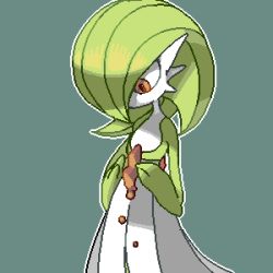 Rule 34 | 1girl, blue background, bob cut, broken, colored skin, cowboy shot, creatures (company), female focus, flat chest, game freak, gardevoir, gen 3 pokemon, green hair, green skin, hair over one eye, hands up, jaggy lines, looking down, lowres, multicolored skin, nintendo, one eye covered, outline, oyama yoihaya, pokemon, pokemon (creature), red eyes, short hair, simple background, solo, standing, two-tone skin, white outline, white skin