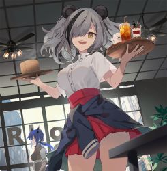 Rule 34 | 2girls, :d, alternate costume, amuri, animal ears, arknights, bamboo steamer, bear ears, black hair, blue hair, breasts, brown eyes, cafe, ceiling fan, ceiling light, ch&#039;en (arknights), clothes around waist, coffee mug, collared shirt, cup, feater (arknights), grey hair, hair over one eye, high-waist skirt, holding, holding tray, horns, iced tea, indoors, looking at viewer, low twintails, medium breasts, mug, multicolored hair, multiple girls, open mouth, parfait, pleated skirt, red eyes, red skirt, shirt, short sleeves, short twintails, skirt, smile, solo focus, streaked hair, table, teeth, tray, twintails, two-tone hair, upper teeth only, waitress, white shirt