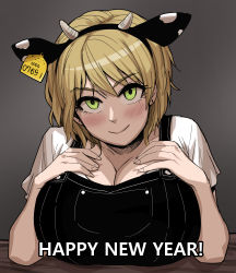 Rule 34 | 1girl, absurdres, animal ears, blonde hair, blush, breast rest, breasts, chinese zodiac, cow ears, cow girl, cow horns, ear tag, english text, fake animal ears, gigle, green eyes, happy new year, highres, horns, huge breasts, looking at viewer, mole, mole under eye, new year, original, overalls, short hair, solo, year of the ox