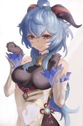 Rule 34 | 1girl, absurdres, ahoge, arms up, bare shoulders, bell, blue hair, bodystocking, breasts, brown leotard, covered navel, cowbell, curled horns, detached sleeves, flower knot, ganyu (genshin impact), genshin impact, goat horns, gold trim, grey background, hair between eyes, highres, horns, kataku musou, leotard, leotard under clothes, long hair, looking at viewer, medium breasts, neck bell, parted lips, purple eyes, solo, upper body, white sleeves