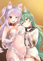 Rule 34 | 2girls, :3, ahoge, akashi (azur lane), animal collar, animal ear fluff, animal ears, armpit peek, azur lane, bandages, bell, braid, breasts, cat ears, choker, cleavage, collar, cowboy shot, dog ears, dress, fang, gradient background, green hair, long hair, looking at another, medium breasts, midriff, misashi (raichi821), multiple girls, navel, neck bell, no panties, one eye closed, open mouth, orange background, partially undressed, red choker, red collar, red eyes, sailor collar, sarashi, short dress, side braid, sidelocks, silver hair, simple background, small breasts, smile, spiked collar, spikes, tassel, thick eyebrows, thighhighs, thighs, twintails, white dress, white legwear, yellow eyes, yuudachi (azur lane)