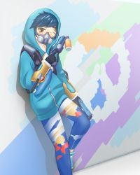Rule 34 | 1girl, black gloves, blue footwear, blue hair, blue jacket, blue pants, brown eyes, commentary, dual wielding, feet out of frame, gas mask, gloves, graffiti tracer, gun, highres, holding, holding gun, holding weapon, hood, hood up, hooded jacket, jacket, long sleeves, looking at viewer, mask, one eye closed, overwatch, overwatch 1, pants, shadow, shoes, solo, standing, standing on one leg, stratosphere (coom1017), tracer (overwatch), weapon