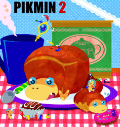 Rule 34 | 2boys, blue background, blue pikmin, breadbug, commentary request, copyright name, cup, doughnut, food, giant breadbug, louie (pikmin), male focus, multiple boys, nintendo, olimar, pikmin (creature), pikmin (series), pikmin 2, plate, polka dot, polka dot background, purple pikmin, red pikmin, rice (kotobuki), signature, spacesuit, spoon, white pikmin, yellow pikmin