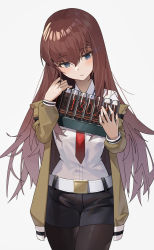 Rule 34 | 1girl, absurdres, belt, black pantyhose, black shorts, blue eyes, brown jacket, commentary request, dress shirt, expressionless, highres, jacket, kass (2307603199), pantyhose under shorts, long hair, makise kurisu, necktie, nixie tube, pantyhose, red hair, red necktie, shirt, shorts, simple background, solo, steins;gate, thinking, white background, white shirt